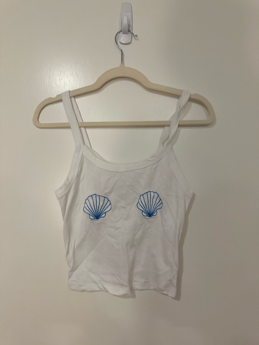 White Tank Top with Blue Shell Embroidery